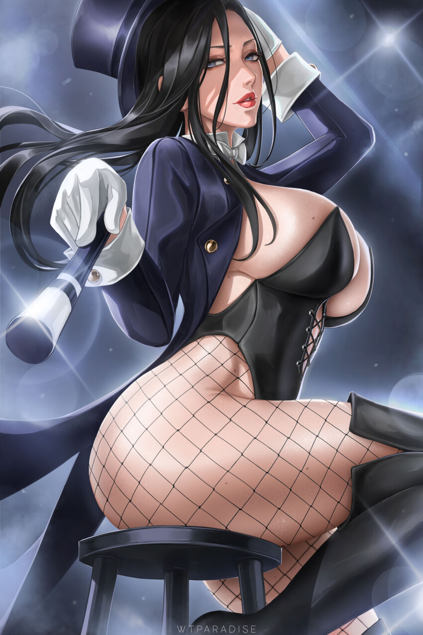 1girl absurdres arm_up artist_name black_hair blue_eyes bow bowtie breasts coattails dc_comics fishnet_pantyhose fishnets gloves hat highres holding holding_wand jacket large_breasts lights lips lipstick long_hair looking_at_viewer makeup mole on_stool pantyhose red_lips sideboob sitting solo stool wand white_bow white_bowtie white_gloves wtparadise zatanna_zatara