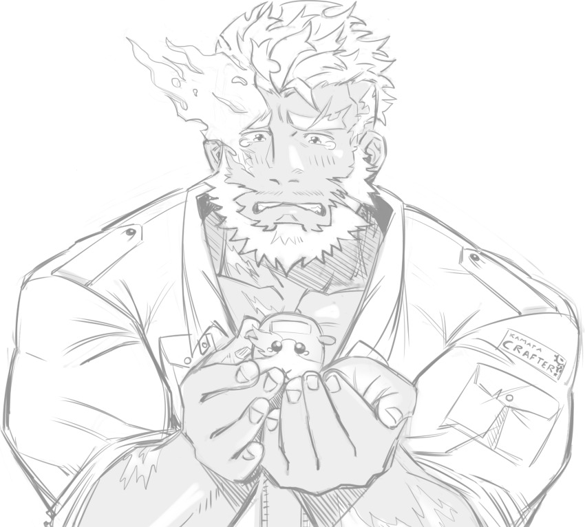 1boy bara beard blush boarsunrise character_request collared_jacket creature dark-skinned_male dark_skin eyebrow_cut facial_hair flaming_eye greyscale hephaestus_(housamo) highres holding holding_creature huge_eyebrows jacket male_focus mature_male monochrome muscular muscular_male pectorals short_hair sleeves_rolled_up solo_focus tearing_up tokyo_houkago_summoners upper_body