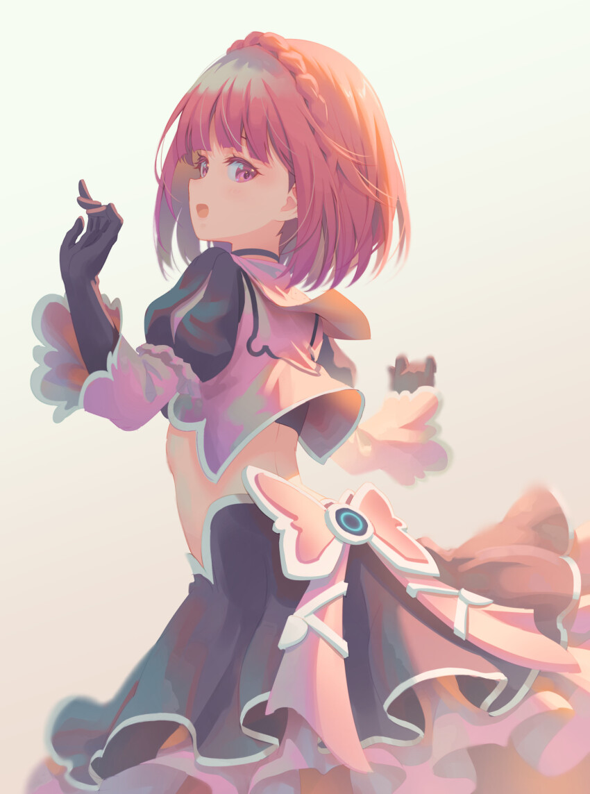 1girl aikawa_aika alice_gear_aegis black_choker black_gloves black_skirt braid choker commentary_request dress_ribbon gloves highres looking_back open_mouth orange_hair pinakes pink_eyes puffy_sleeves skirt smile solo