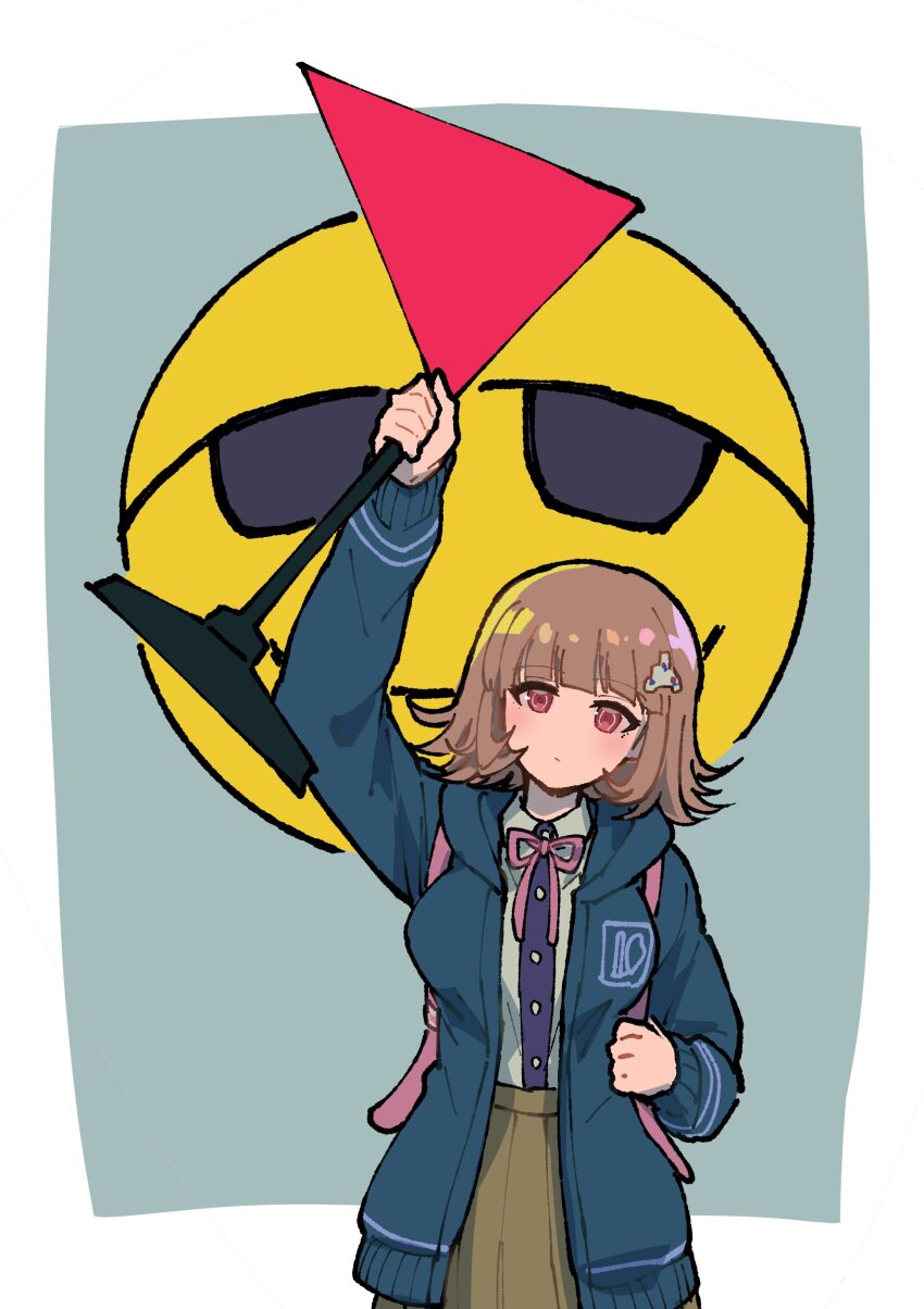 1girl absurdres arm_up black_shirt blush brown_hair brown_skirt collared_shirt danganronpa_(series) danganronpa_2:_goodbye_despair dress_shirt emoji flag grey_background highres holding holding_flag jacket long_sleeves medium_hair nanami_chiaki neck_ribbon open_clothes open_jacket pink_bag pink_eyes pink_ribbon red_flag ribbon shirt shirt_tucked_in skirt solo spaceship_hair_ornament white_background white_shirt youko-shima