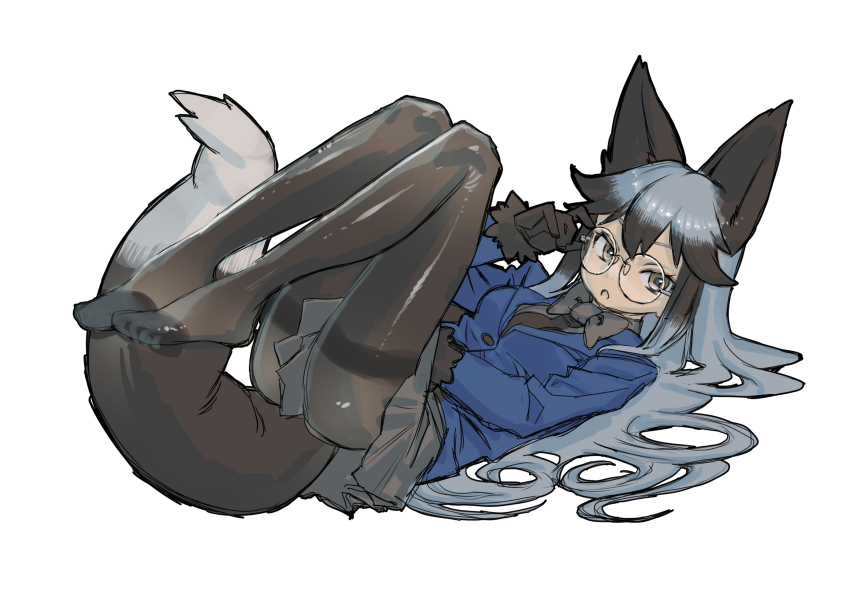1girl adjusting_eyewear animal_ears arairestaurant black_bow black_bowtie black_fur black_gloves black_hair black_necktie black_pantyhose black_shirt blue_jacket bow bowtie curled_up extra_ears fox_ears fox_girl fox_tail fur_trim glasses gloves grey_hair grey_skirt hair_between_eyes highres jacket kemono_friends long_hair long_sleeves lying multicolored_hair necktie no_shoes on_back pantyhose pleated_skirt shiny_pantyhose shirt sidelocks silver_fox_(kemono_friends) skirt solo tail thighband_pantyhose two-tone_hair yellow_eyes