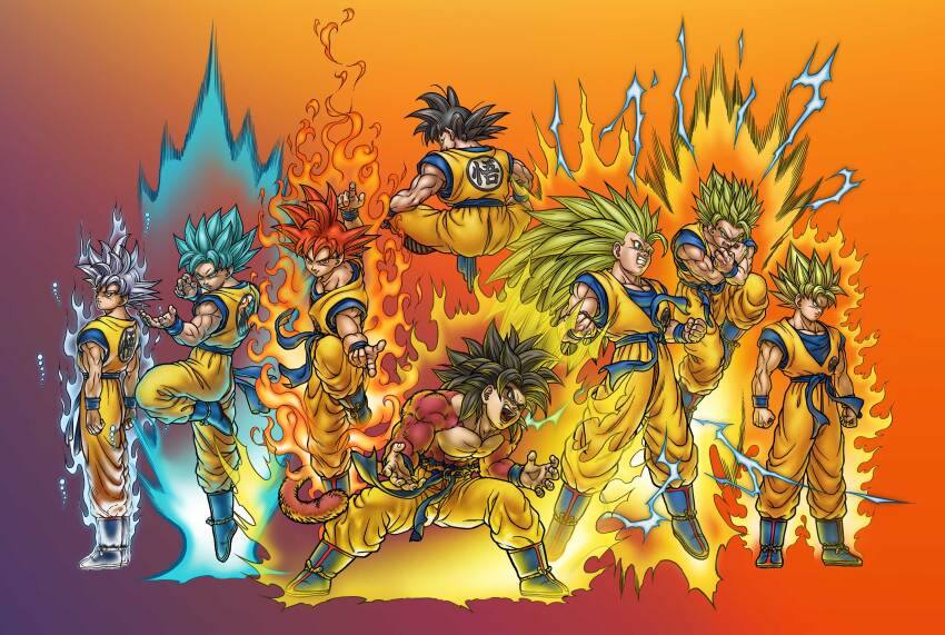 aura black_hair blue_eyes blue_sash body_fur closed_mouth dougi dragon_ball dragon_ball_gt goku_day grey_eyes grey_hair highres knew_sky long_hair looking_at_viewer male_focus monkey_boy monkey_tail multiple_boys multiple_persona muscular muscular_male no_nipples orange_dougi orange_pants pants pectorals red_fur red_hair saiyan sash serious shirt smile son_goku spiked_hair super_saiyan super_saiyan_1 super_saiyan_2 super_saiyan_3 super_saiyan_4 super_saiyan_blue super_saiyan_god tail topless_male torn_clothes ultra_instinct white_hair wristband yellow_pants