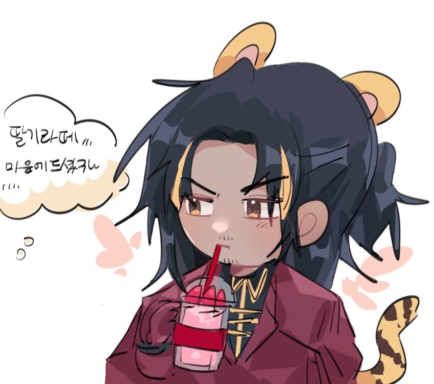 1boy animal_ears beard_stubble black_hair black_shirt chibi coat drawn_wings drink facial_hair food fruit gold_trim gre_gre3 korean_text lei_heng_(project_moon) limbus_company multicolored_hair ponytail project_moon red_coat shirt smoothie solo sparkling_eyes speech_bubble strawberry streaked_hair stubble tail thought_bubble tiger_ears tiger_tail upper_body yellow_eyes