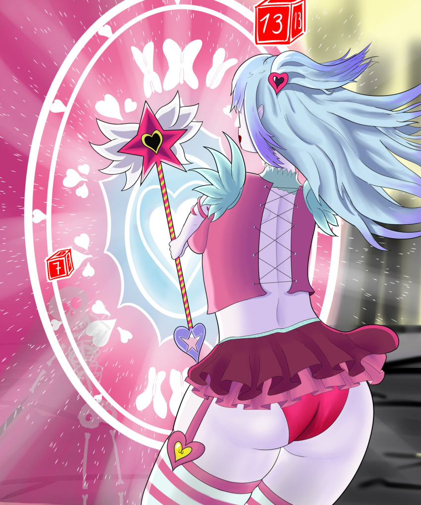 1girl ass blue_hair dress from_behind hair_ornament highres huge_ass library_of_ruina lobotomy_corporation long_hair magical_girl panties project_moon queen_of_hatred short_dress skirt thighhighs underwear