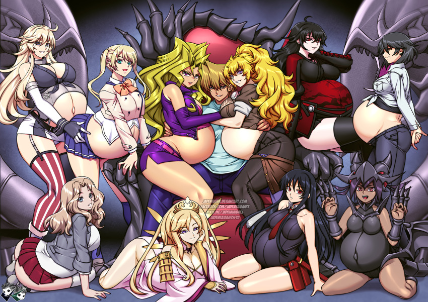 1boy 6+girls akame_(akame_ga_kill!) akame_ga_kill! ass black_hair blonde_hair blue_eyes breasts brown_eyes crossover curvy dark-skinned_female dark_skin girls_und_panzer harem highres hoshizaki_rika_(kanojo_mo_kanojo) huge_ass huge_breasts infinite_stratos iowa_(kancolle) jadenkaiba joey_wheeler jonouchi_katsuya kanojo_mo_kanojo kantai_collection kay_(girls_und_panzer) kneeling kujaku_mai large_breasts linea_nigra long_hair mature_female mother_and_daughter multiple_girls orimura_chifuyu pregnant purple_eyes raven_branwen red-eyes_black_dragon red_eyes red_eyes_black_dragon rwby sengoku_collection uesugi_kenshin yang_xiao_long yu-gi-oh! yu-gi-oh!_cross_duel