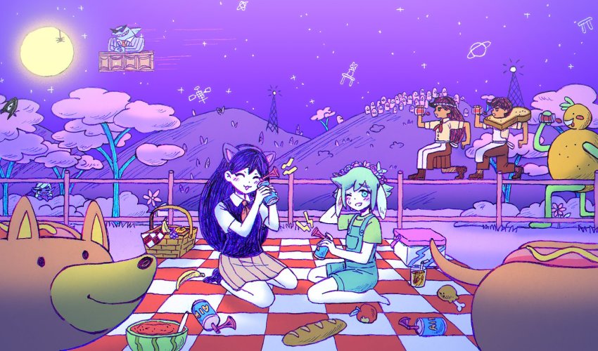 2girls 3boys ahoge animal_ear_hairband animal_ears apple banana barefoot basil_(omori) biscuit_(omori) blush bread chicken_(food) closed_eyes colored_skin commentary_request constellation cup doughie_(omori) fake_animal_ears fence flower food formal_clothes fruit grapes hairband head_wreath mari_(omori) moon mr._jawsum multiple_boys multiple_girls official_art omocat omori one_eye_closed overalls personification picnic picnic_basket picnic_blanket purple_sweater_vest seiza shark siblings sitting skirt sky something_(omori) star_(sky) starry_sky suit sweater_vest tree twins watermelon wooden_fence