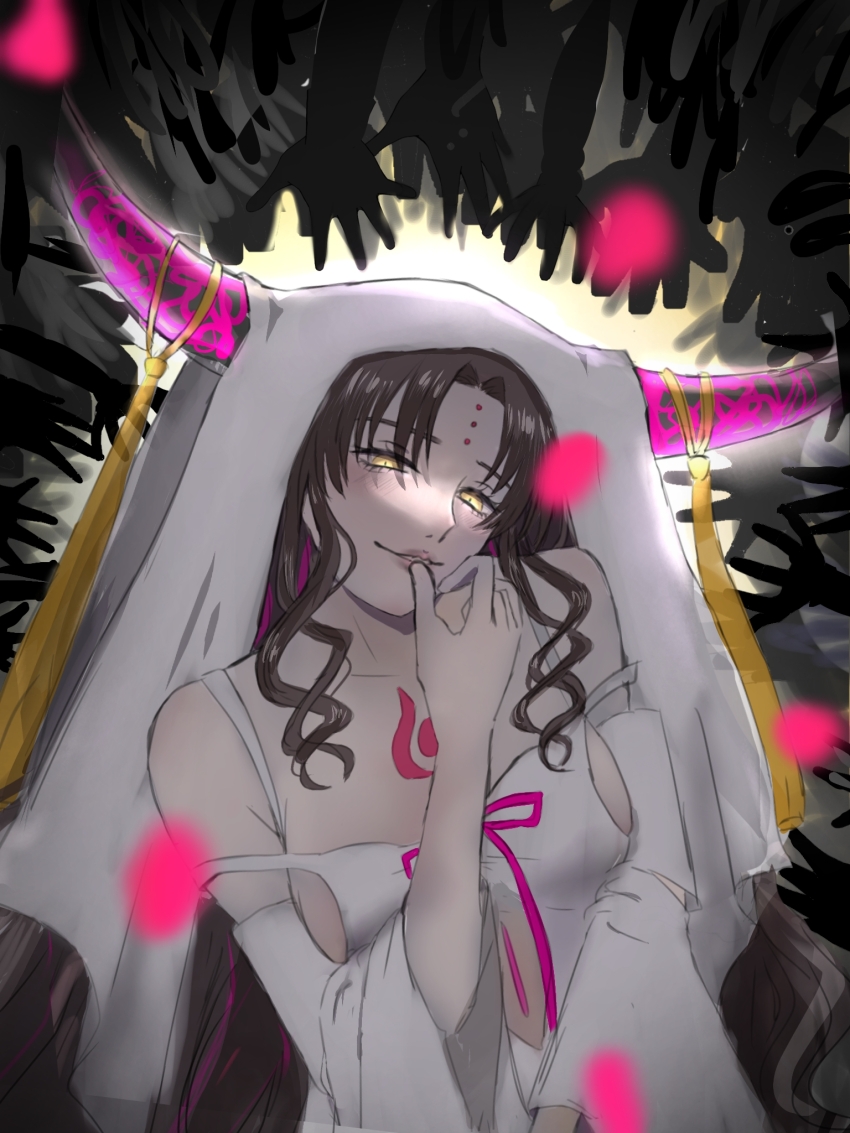 1girl bare_shoulders black_hair breasts chest_tattoo commentary demon_girl demon_horns dress extra_arms facial_mark fate/grand_order fate_(series) grin highres horn_ornament horns light_blush long_hair looking_at_viewer multicolored_hair multicolored_horns parted_lips pink_hair pink_horns seductive_smile sessyoin_kiara sessyoin_kiara_(heaven&#039;s_hole) sessyoin_kiara_(third_ascension) smile solo tattoo user_gdkm3737 white_dress yellow_eyes