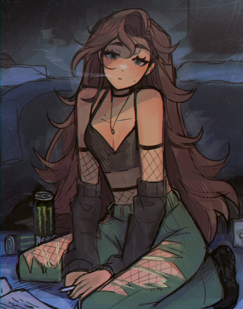 1girl arm_warmers bare_shoulders bed black_arm_warmers black_tank_top blackberritea brown_hair cigarette commentary denim english_commentary fishnet_armwear highres holding holding_cigarette jewelry long_hair mole mole_on_cheek monster_energy necklace original pants see-through_clothes see-through_shirt seiza shirt sitting smoke solo swept_bangs tank_top torn_clothes torn_pants very_long_hair