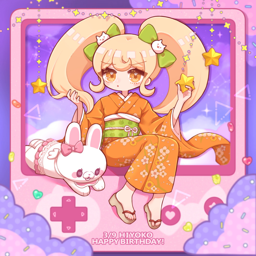 1girl absurdres blonde_hair blush blush_stickers bow character_name commentary_request danganronpa_(series) danganronpa_2:_goodbye_despair eyelashes floral_print floral_print_kimono green_bow green_sash hair_bow handheld_game_console happy_birthday highres japanese_clothes kimono koropote obi orange_eyes orange_kimono pink_bow print_kimono rabbit saionji_hiyoko sandals sash sitting star_(symbol) twintails usami_(danganronpa)