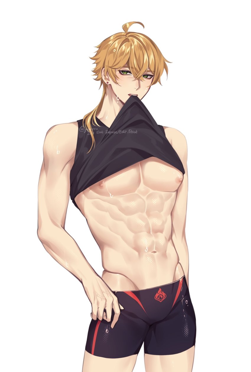 1boy abs bare_legs bare_shoulders black_jammers black_male_swimwear black_tank_top blonde_hair bulge clothes_in_mouth clothes_lift cowboy_shot earrings genshin_impact green_eyes highres jammers jewelry logo male_focus male_swimwear medium_hair mouth_hold muscular muscular_male navel nipples open_mouth rourouki shirt_in_mouth shirt_lift short_hair simple_background solo swimsuit tank_top thoma_(genshin_impact) twitter_username white_background