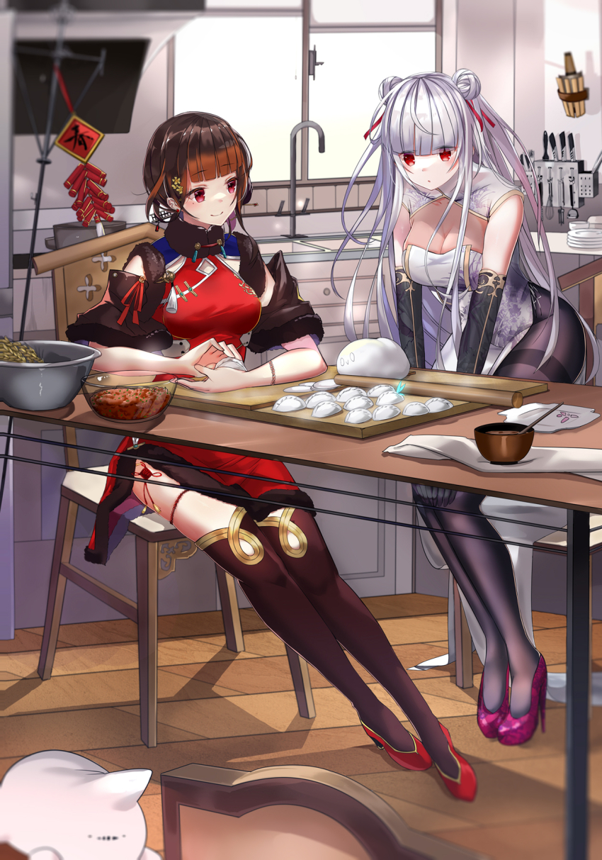 2girls alternate_costume alternate_hairstyle black_gloves blunt_bangs bowl braid breasts brown_hair cat chair china_dress chinese_clothes chinese_new_year chopsticks cleavage cleavage_cutout closed_mouth clothing_cutout damingjiuai_sevens double_bun dress dumpling elbow_gloves essex_(warship_girls_r) firecrackers food galo_(warship_girls_r) gloves hair_bun hair_ornament hair_ribbon high_heels highres indoors kitchen knife large_breasts long_hair medium_breasts multiple_girls pantyhose pink_shoes plate purple_footwear red_dress red_eyes red_footwear red_ribbon ribbon shoes short_sleeves sitting smile table thighband_pantyhose thighhighs two_side_up very_long_hair warship_girls_r white_hair wooden_floor yat_sen_(warship_girls_r)