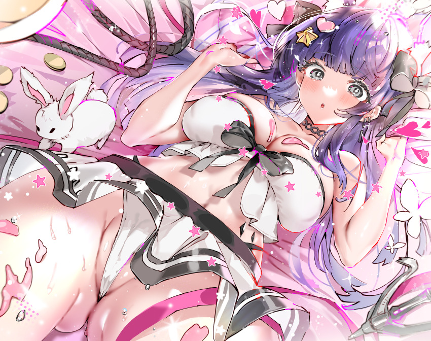 1girl :o absurdres anchor arknights ass bed_sheet bikini bikini_skirt blush breasts bug butterfly coin gluteal_fold grey_eyes hair_ornament hair_ribbon heart heart_hair_ornament highres insect large_breasts long_hair looking_at_viewer lying official_alternate_costume partially_visible_vulva pleated_skirt purple_eyes rabbit ribbon rope rope_(arknights) rope_(summer_flowers)_(arknights) sheet_grab skirt star_(symbol) star_hair_ornament swimsuit teeth tekona0 thick_thighs thigh_strap thighs upper_teeth_only white_bikini
