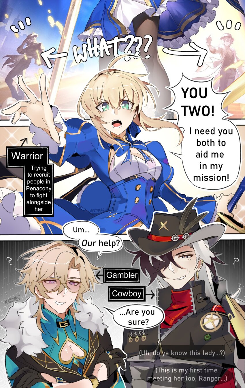 1girl 2girls absurdres ahoge artoria_pendragon_(fate) aventurine_(honkai:_star_rail) black_hair black_shirt blonde_hair blue_dress blue_shirt boothill_(honkai:_star_rail) breasts cowboy_hat dress english_text excalibur_(fate/stay_night) fate/stay_night fate_(series) glasses green_eyes hat highres honkai:_star_rail honkai_(series) jestnaro medium_breasts multicolored_hair multiple_girls open_mouth saber_(fate) saber_(honkai:_star_rail)_(fate) shirt short_hair speech_bubble white_hair