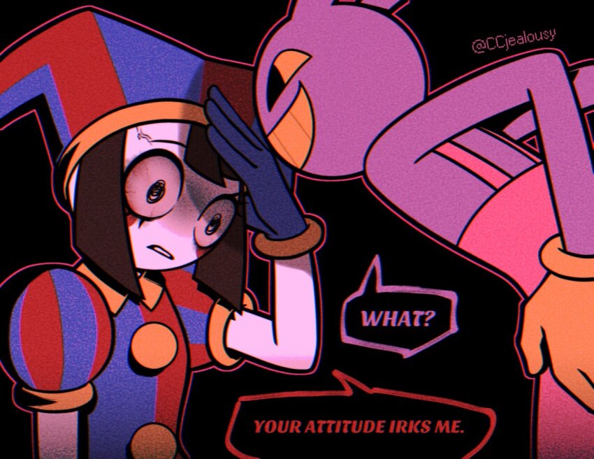 1boy 1girl @_@ anger_vein black_eyes bloodshot_eyes blue_gloves brown_hair colored_sclera colored_skin colored_teeth commentary czy_(2894456992) english_text gloves grin hat jax_(the_amazing_digital_circus) jester_cap jester_costume pomni_(the_amazing_digital_circus) smile squiggle_eyes striped_clothes striped_headwear the_amazing_digital_circus twitter_username vertical-striped_bodysuit vertical-striped_clothes vertical-striped_headwear white_skin yellow_sclera yellow_teeth