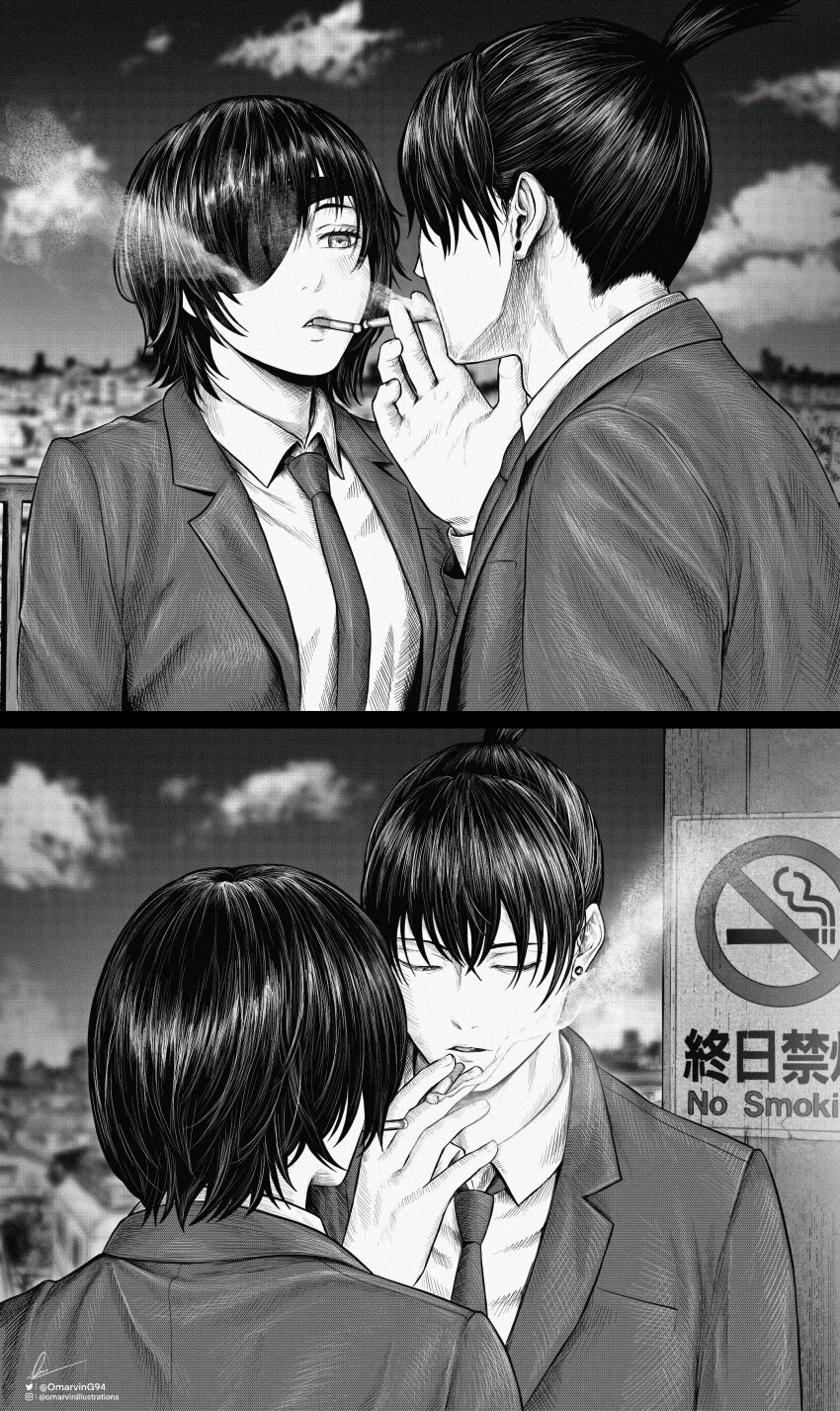 1boy 1girl absurdres balcony black_hair black_necktie black_suit blurry blurry_background chainsaw_man cigarette cigarette_kiss cityscape closed_eyes collared_shirt earrings eyepatch formal_clothes greyscale hayakawa_aki highres himeno_(chainsaw_man) holding holding_cigarette jewelry looking_at_another marvin_(omarvin) mature_female mature_male medium_hair monochrome necktie no_smoking one_eye_covered shirt short_hair sidelocks sign smoke smoking stud_earrings suit topknot white_shirt