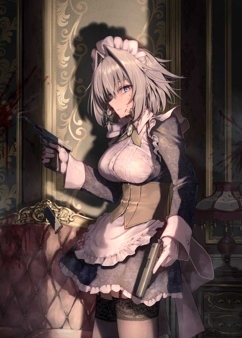 1girl black_dress black_thighhighs blood blood_on_face blue_eyes dress dual_wielding floral_print garter_straps greenkohgen gun highres holding holding_gun holding_weapon indoors izayoi_sakuya lace lace-trimmed_thighhighs lace_thighhighs lace_trim light looking_at_viewer maid maid_headdress print_dress rose_print shadow short_hair solo thighhighs touhou weapon white_hair