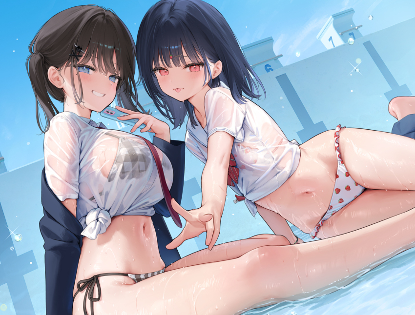 2girls arm_support bare_legs bikini bikini_under_clothes black_hair blue_eyes blush breasts cellphone closed_mouth food-themed_hair_ornament food_print fruit_print grin hair_ornament hairclip hip_bones ichigo_(mignon) jacket large_breasts long_hair long_sleeves looking_at_viewer medium_hair mignon multiple_girls nanami_(mignon) navel necktie on_water one-piece_swimsuit open_clothes open_jacket original outdoors phone plaid_bikini plaid_clothes print_bikini red_eyes red_necktie sailor_collar see-through_clothes see-through_shirt shallow_water shiny_skin shirt short_sleeves side-tie_bikini_bottom sitting sitting_on_water small_breasts smile stomach strawberry_hair_ornament strawberry_print swimsuit teeth tied_shirt tongue tongue_out twintails v water wet wet_clothes wet_swimsuit white_one-piece_swimsuit white_sailor_collar white_shirt x_hair_ornament