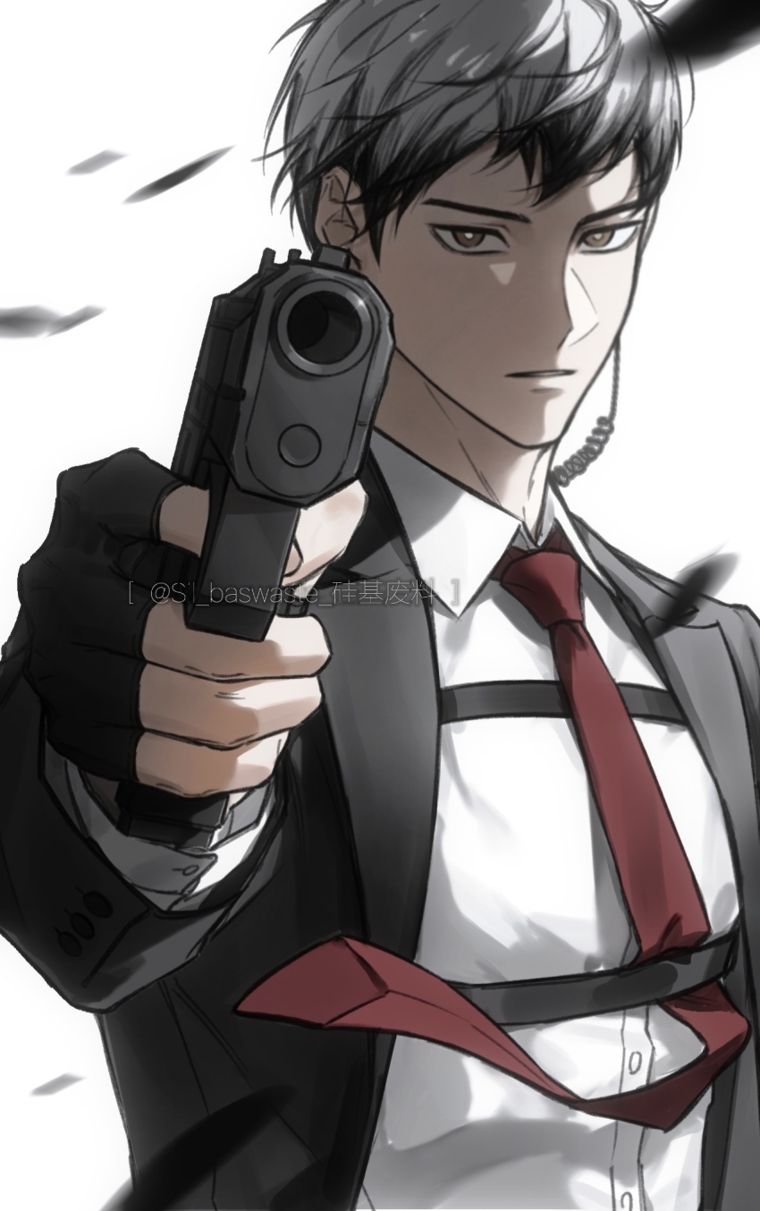 1boy aiming aiming_at_viewer black_hair black_jacket brown_eyes chest_harness collared_shirt commentary_request grey_hair gun haikyuu!! handgun harness headpiece highres holding holding_gun holding_weapon jacket kita_shinsuke lapels layered_sleeves long_sleeves looking_at_viewer male_focus multicolored_hair necktie open_clothes open_jacket red_necktie shirt short_hair sil_baswaste simple_background solo suit_jacket upper_body watermark weapon white_background white_shirt wing_collar