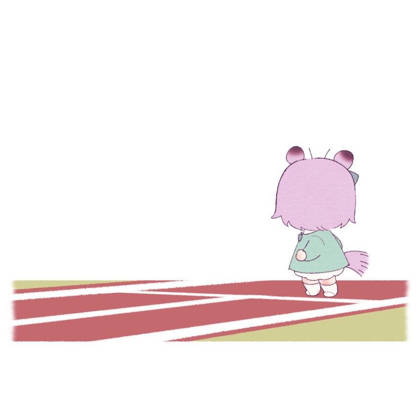 1girl animal_ears chibi chibi_only ggubii0225 highres horse_ears horse_girl horse_tail long_sleeves mejiro_mcqueen_(umamusume) purple_hair racetrack short_hair simple_background solo standing tail umamusume white_background
