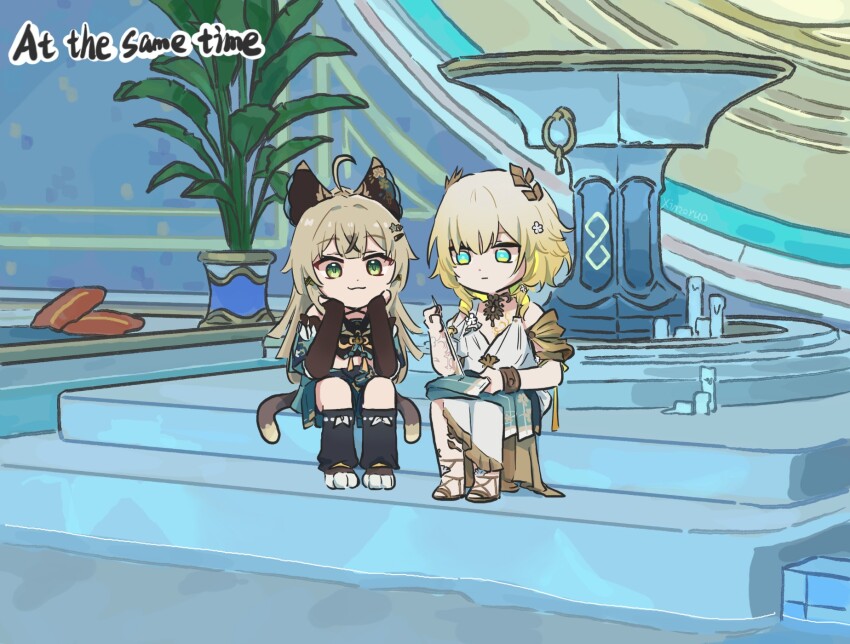 2girls aglaea_(honkai:_star_rail) ahoge ancient_greek_clothes blonde_hair blue_eyes brown_hair cat_tail closed_mouth genshin_impact greco-roman_clothes green_eyes highres honkai:_star_rail honkai_(series) kirara_(genshin_impact) laurel_crown long_hair looking_at_another multicolored_hair multiple_girls multiple_tails nekomata sewing short_hair sitting smile streaked_hair tail two_tails xinzoruo
