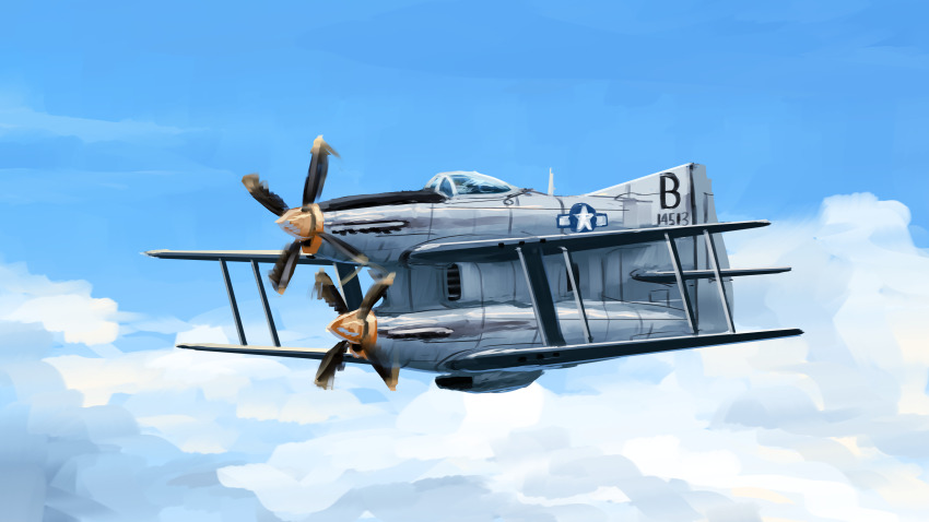 absurdres aircraft airplane biplane canopy_(aircraft) commentary engineering_nonsense highres military_vehicle no_humans original p-51_mustang propeller propeller_fighter rokubotei_ayagiri sky united_states_air_force vehicle_focus