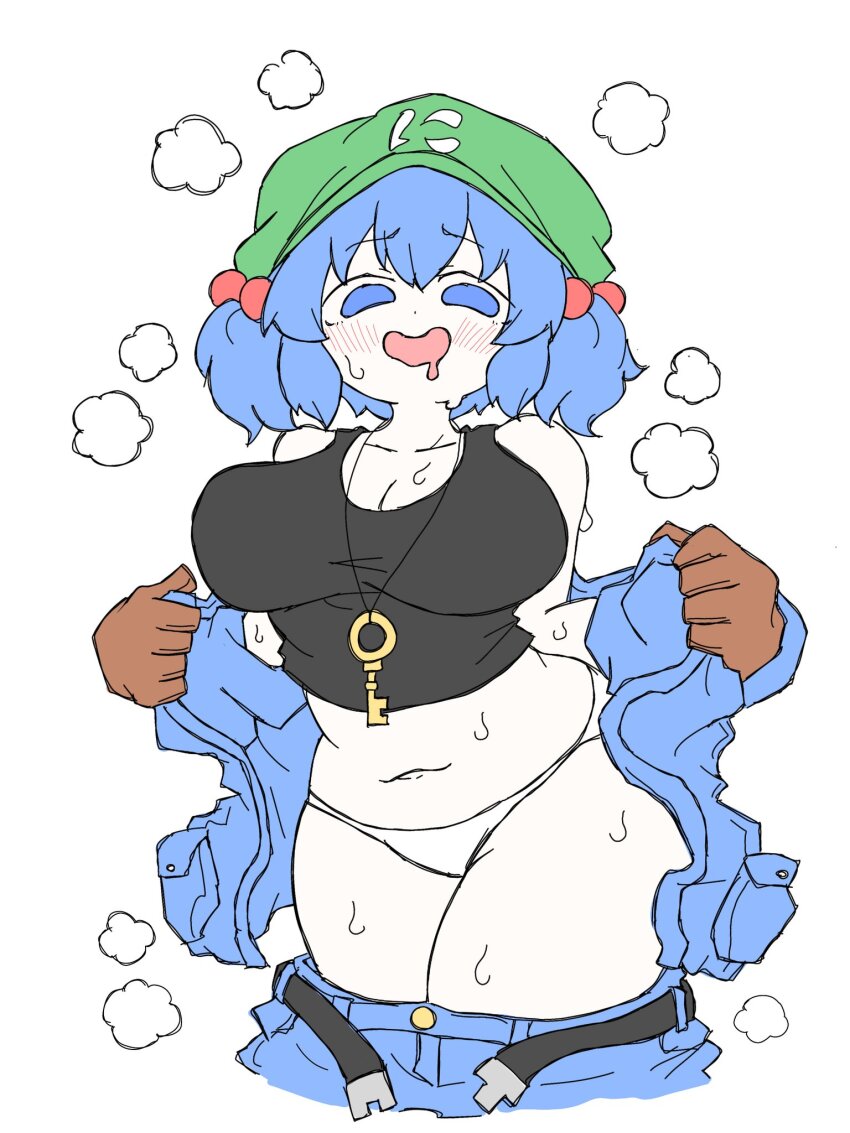 1girl black_tank_top blue_hair blue_jacket breasts brown_gloves drooling flat_cap fumomono gloves green_hat hair_bobbles hair_ornament hat highres jacket kawashiro_nitori key large_breasts looking_at_viewer open_mouth panties short_hair simple_background solo sweat tank_top touhou two_side_up underwear white_background white_panties