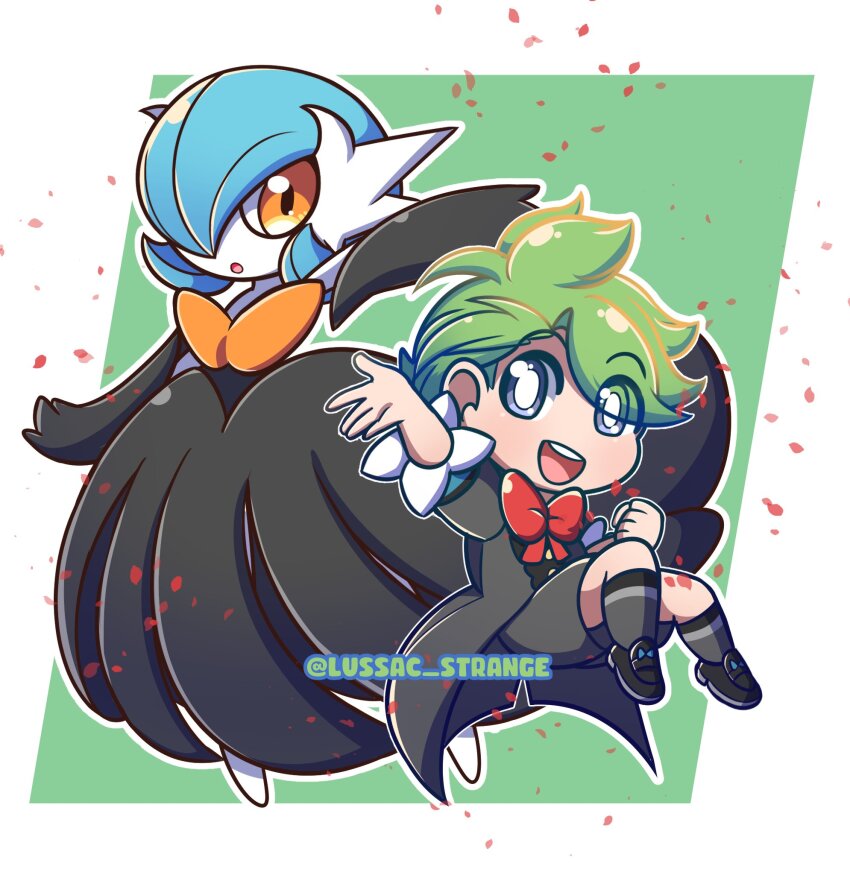 1boy alternate_color artist_name black_dress black_gloves blue_hair bob_cut bow bowtie colored_skin dress elbow_gloves gardevoir gen_3_pokemon gloves green_background green_hair hair_over_one_eye highres lussacst mega_gardevoir mega_pokemon nintendo open_mouth orange_eyes pokemon pokemon_(creature) pokemon_masters_ex red_bow red_bowtie shiny_pokemon smile wally_(pokemon) wally_(sygna_suit)_(pokemon) white_skin