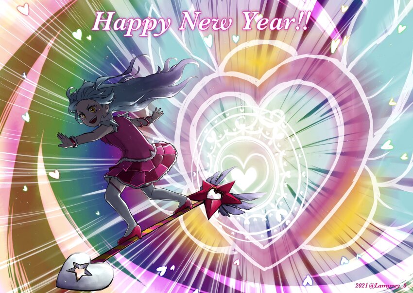 1girl blue_hair floating_hair frilled_skirt frills happy_new_year highres layered_skirt lobotomy_corporation new_year on_weapon open_mouth pink_shoes pink_skirt pink_vest pleated_skirt project_moon queen_of_hatred shoes skirt sky_surfing smile solo standing vest wrist_cuffs yatsumeunagi yellow_eyes