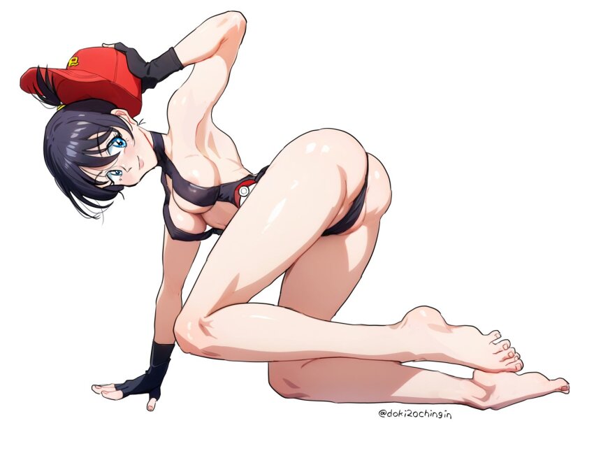 1girl all_fours areola_slip arm_up armpits ass bad_anatomy bare_legs bare_shoulders barefoot baseball_cap belt black_gloves black_hair black_one-piece_swimsuit blue_eyes blush breasts cameltoe center_opening cleavage closed_mouth covered_erect_nipples curvy doki2ochingin earrings feet fingerless_gloves fingernails full_body gloves halterneck hat holding holding_unworn_clothes jewelry legs looking_at_viewer medium_breasts misty_(pokemon) nintendo o-ring o-ring_swimsuit one-piece_swimsuit partially_visible_vulva pokemon pokemon:_the_electric_tale_of_pikachu pokemon_red_green_blue_&amp;_yellow ponytail revealing_clothes shiny_skin short_hair short_ponytail slingshot_swimsuit smile soles solo swimsuit thighs toenails toes topknot unworn_hat unworn_headwear wide_hips