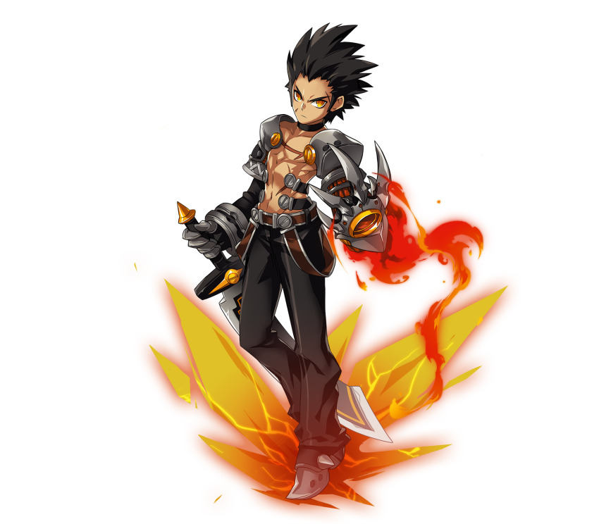 1boy abs armor armored_shoes bare_pectorals belt belt_buckle black_belt black_gloves black_hair black_pants black_sleeves brown_belt buckle claws closed_mouth cross_scar dark-skinned_male dark_skin detached_sleeves determined elsword embers facial_scar fire forehead frown full_body furrowed_brow game_cg gloves grey_shoes grey_sleeves highres holding holding_sword holding_weapon hwansang layered_sleeves long_sleeves looking_at_viewer male_focus mechanical_arms multiple_belts navel official_art open_belt orange_eyes pants pauldrons pectorals pyrokinesis raven_cronwell scar scar_on_cheek scar_on_chest scar_on_face scar_on_stomach second-party_source shoes short_hair short_over_long_sleeves short_sleeves shoulder_armor single_detached_sleeve single_glove single_mechanical_arm single_sleeve solo spiked_hair standing sword tachi-e toned toned_male transparent_background v-shaped_eyebrows weapon
