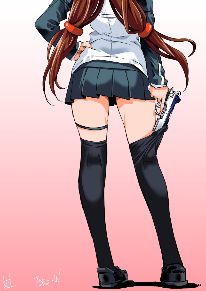 1girl black_thighhighs bren_ten brown_hair dated from_behind gradient_background gun hand_on_own_hip handgun head_out_of_frame highres inoue_sora legs long_hair low-tied_long_hair miniskirt nazume_mikuru pink_background pleated_skirt school_uniform shoes signature skirt solo standing thigh_strap thighhighs thighhighs_pull trigger_discipline twintails weapon white_background zero_in