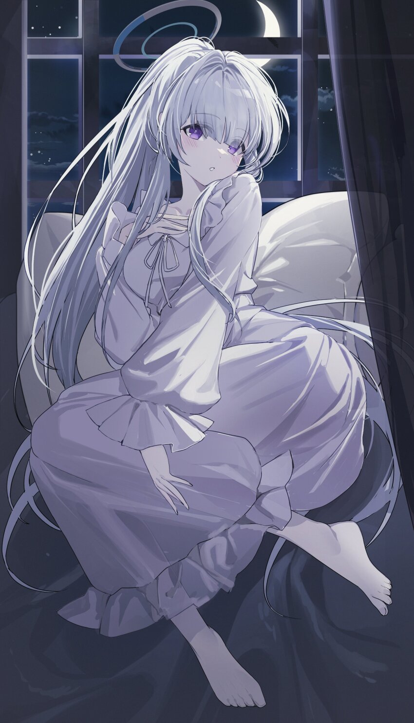1girl absurdres b_soyo1 barefoot blue_archive breasts grey_hair halo highres large_breasts looking_at_viewer mechanical_ears mechanical_halo noa_(blue_archive) noa_(pajamas)_(blue_archive) official_alternate_costume official_alternate_hairstyle pajamas ponytail purple_eyes white_pajamas