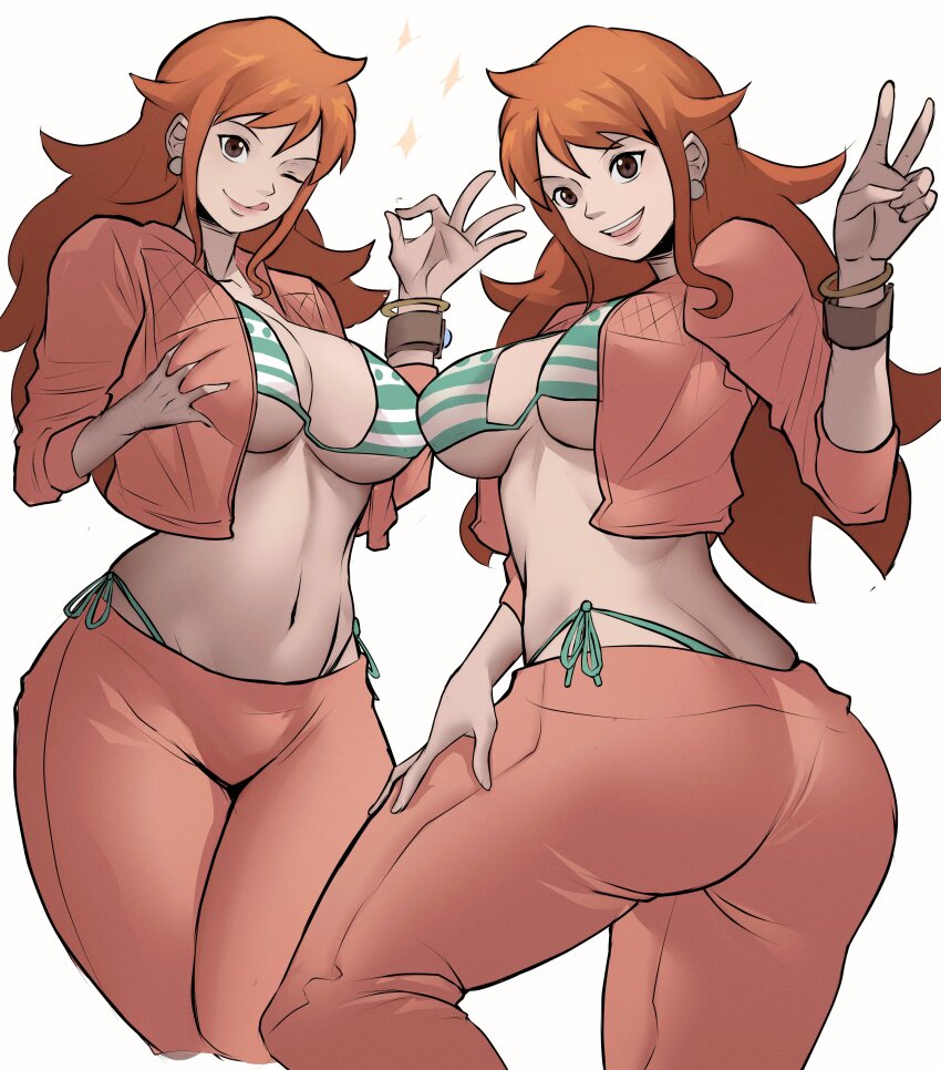 1girl absurdres ass bangle bikini bikini_under_clothes bracelet breasts brown_eyes closed_mouth commentary cropped_jacket earrings feet_out_of_frame funi_xd grabbing_own_breast green_bikini hand_up highres jacket jewelry large_breasts log_pose long_hair money_gesture multiple_views nami_(one_piece) navel one_piece open_clothes open_jacket open_mouth orange_hair pants pearl_earrings pink_jacket pink_pants side-tie_bikini_bottom smile sparkle stomach swimsuit tongue tongue_out v white_background