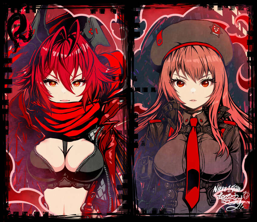 1girl 2girls beret black_jacket black_shirt breasts cleavage collared_shirt crop_top cropped_jacket goddess_of_victory:_nikke hair_between_eyes hat headgear highres horns jacket kanchiyo large_breasts leather leather_jacket long_hair looking_at_viewer mechanical_horns multiple_girls necktie orange_eyes orange_hair rapi_(nikke) red_hair red_hood_(nikke) red_jacket red_necktie red_scarf scarf shirt solo unzipped very_long_hair zipper