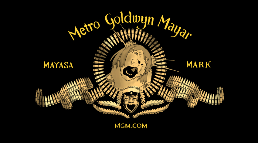 1girl animal black_background blew_andwhite commentary_request hair_ornament headgear highres kantai_collection lion logo_parody maya_(kancolle) metro-goldwyn-mayer open_mouth parody roaring x_hair_ornament