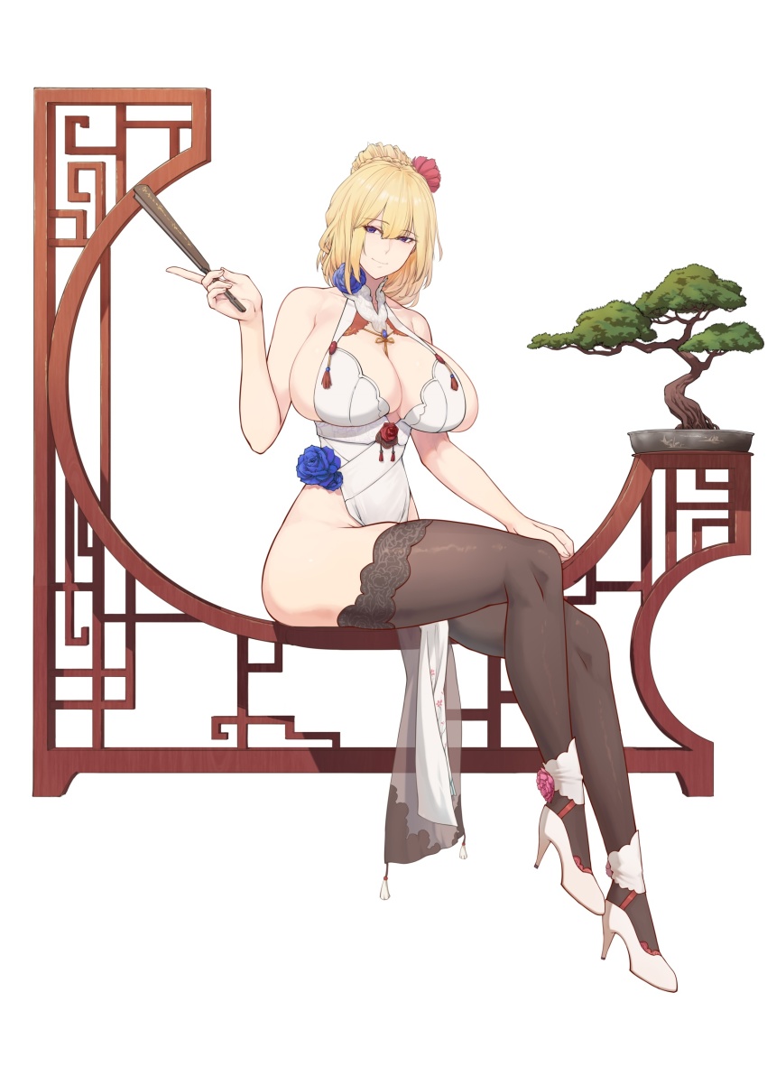 1girl absurdres between_breasts blonde_hair blue_eyes blue_flower bonsai braid braided_ponytail breasts china_dress chinese_clothes cleavage cleavage_cutout clothing_cutout des_moines_(warship_girls_r) dress flower hair_ornament high_heels highres huge_breasts jiangshi neckwear_between_breasts pelvic_curtain plant potted_plant revealing_clothes side_slit sideboob strap_between_breasts thick_thighs thighhighs thighs tree vase warship_girls_r white_dress xiao_shei..