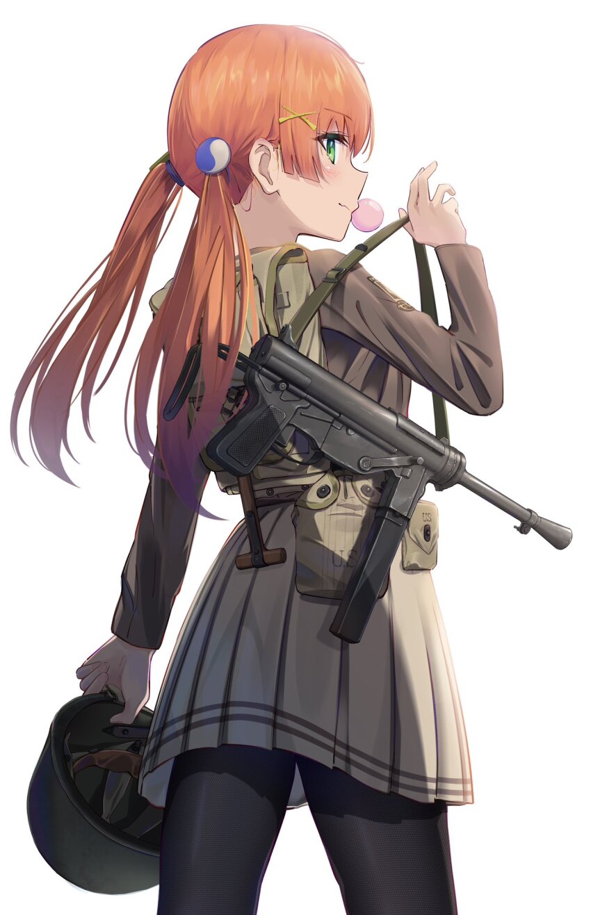 1girl black_pantyhose brown_jacket brown_skirt combat_helmet from_behind gun helmet highres jacket little_armory looking_at_viewer looking_back m1_helmet m3_submachine_gun makiyo_shine orange_hair original pantyhose plaid_clothes plaid_skirt skirt solo submachine_gun twintails unworn_headwear weapon white_background