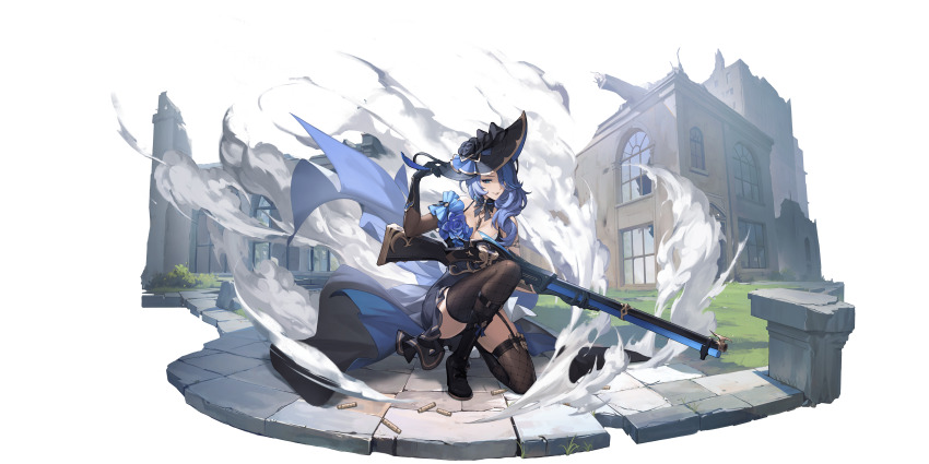 1girl absurdres bare_shoulders black_boots black_bow black_bowtie black_dress black_flower black_gloves black_hat black_rose black_thighhighs blue_eyes blue_eyeshadow blue_flower blue_hair blue_rose boots bow bowtie breasts broken_window building cleavage dress dress_flower dust eyes_visible_through_hair eyeshadow faux_figurine flower full_body garter_straps gloves grass grin gun hair_over_one_eye hand_on_headwear hand_up hat hat_flower highres holding holding_gun holding_weapon incredibly_absurdres large_breasts long_dress long_hair looking_at_viewer makeup mole mole_under_eye off-shoulder_dress off_shoulder official_art on_one_knee rememento:_white_shadow rifle rose sacha_(rememento) single_sleeve smile sniper_rifle solo stone_floor thighhighs transparent_background weapon