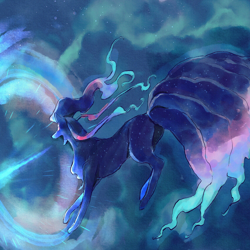 alolan_form alolan_ninetales alternate_color animal_focus commentary commission fox from_side gen_7_pokemon go-lurk highres night nintendo no_humans open_mouth outdoors pink_eyes pokemon pokemon_(creature)