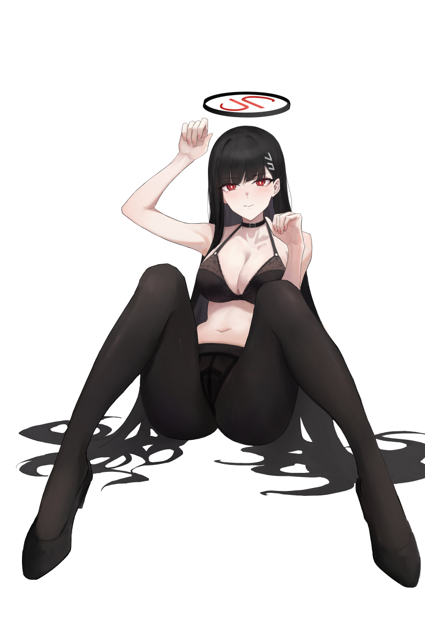1girl absurdres armpits ass bare_shoulders black_bra black_footwear black_panties black_pantyhose blue_archive blush bra breasts choker cleavage hair_ornament hairclip halo high_heels highres kong_zhizen large_breasts long_hair looking_at_viewer navel panties panties_under_pantyhose pantyhose paw_pose red_eyes rio_(blue_archive) sitting solo spread_legs underwear underwear_only