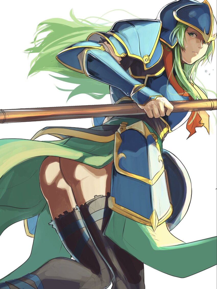1girl armor ass blue_armor breastplate fire_emblem fire_emblem:_path_of_radiance green_eyes green_hair helmet highres holding holding_polearm holding_shield holding_weapon long_hair nephenee_(fire_emblem) nintendo pauldrons polearm shield shoulder_armor spear sutekina_yari weapon
