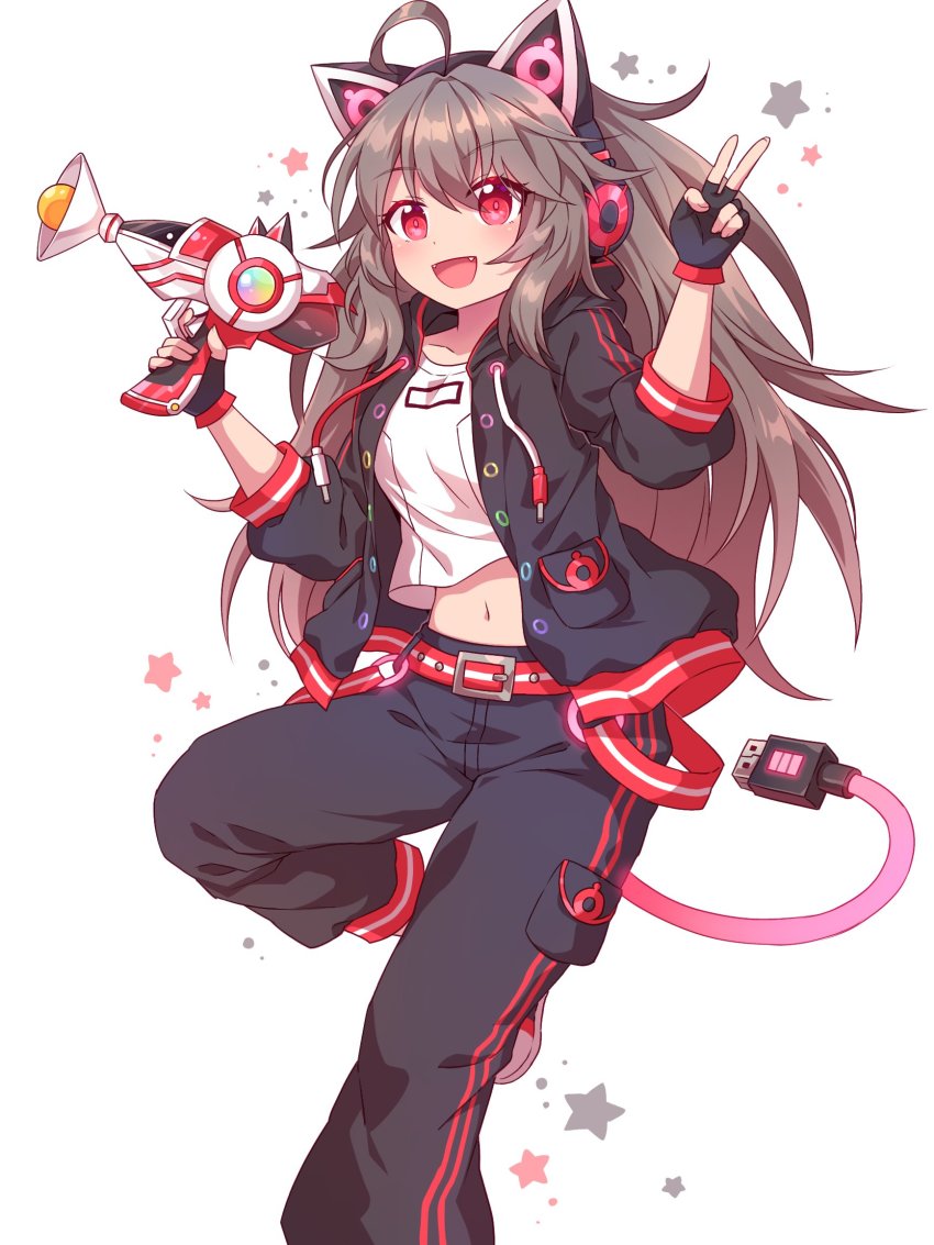 1girl ahoge animal_ears belt black_gloves black_jacket black_pants breasts brown_hair cat_ears commentary_request fake_animal_ears fang feet_out_of_frame fingerless_gloves futuristic_weapon gloves gun headphones headset highres holding holding_gun holding_weapon hood hoodie jacket kaoling long_hair long_sleeves looking_at_viewer midriff navel open_clothes open_hoodie open_mouth original pants red_belt red_eyes shirt simple_background small_breasts solo usb v very_long_hair weapon white_background white_shirt