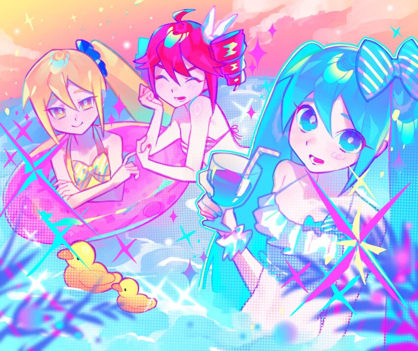 3girls ahoge akita_neru alternate_costume beach bikini blonde_hair blue_bikini blue_bow bow closed_eyes drill_hair drink drinking_straw glass hair_bow hashtag-only_commentary hatsune_miku highres iro_(mywife_sunny) kasane_teto kasane_teto_(sv) long_hair lower_teeth_only multiple_girls orange_skirt partially_submerged pinstripe_bow plant red_hair rubber_duck ruffle_bikini side_ponytail skirt smile swim_ring swimsuit synthesizer_v teeth tongue triple_baka_(vocaloid) twin_drills utau vocaloid water white_bikini white_bow yellow_bikini yellow_eyes