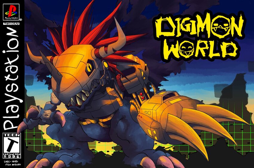 black_wings blue_skin box_art colored_skin cyborg derivative_work digimon digimon_(creature) digimon_world dinosaur fake_box_art gustatoon helmet highres horns long_hair mechanical_arms metalgreymon_(virus) no_humans playstation_logo red_hair sharp_teeth single_mechanical_arm solo spiked_hair teeth torn_wings video_game_cover_redraw wings