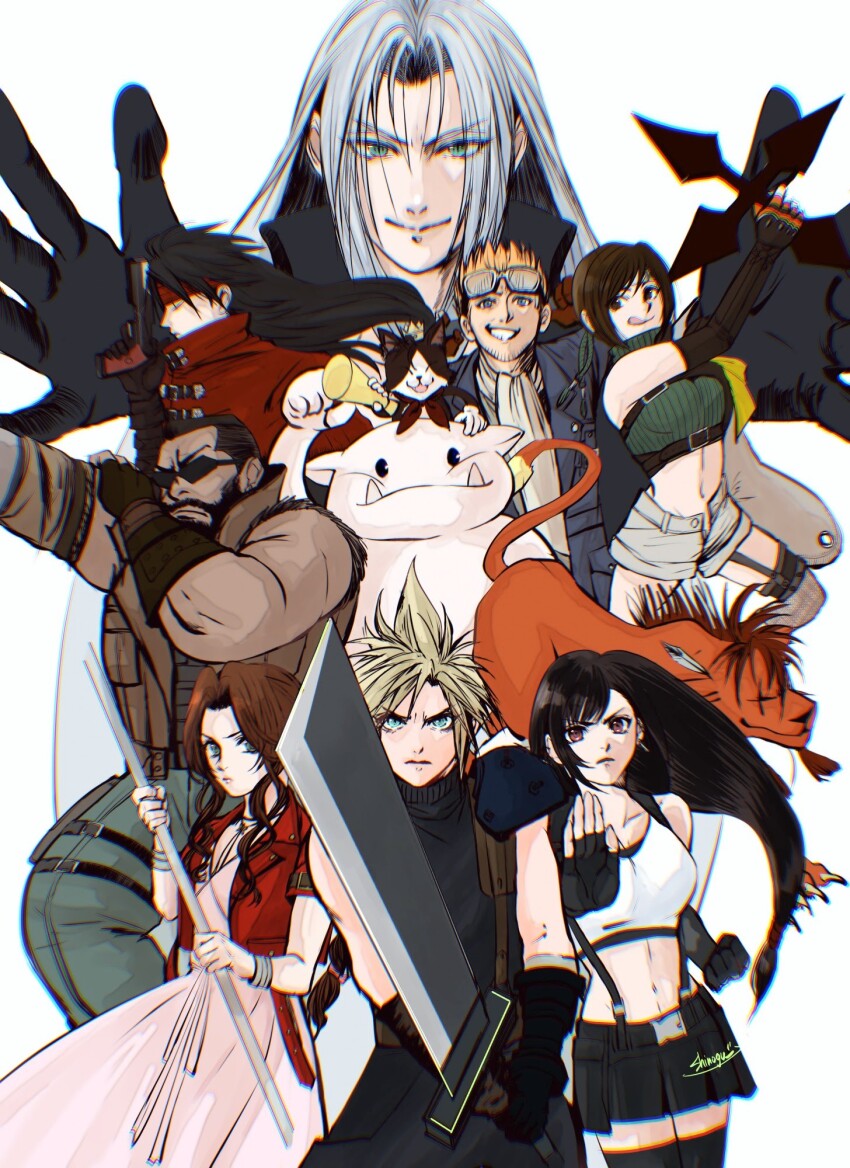 3girls 6+boys aerith_gainsborough animal animal_on_head aqua_eyes armor ascot bangle bare_shoulders barret_wallace beard black_fur black_gloves black_hair black_skirt black_thighhighs blonde_hair blue_eyes blue_jacket bracelet breasts brown_hair brown_vest buster_sword cait_sith_(final_fantasy) cape cat cat_on_head choker cid_highwind clenched_hand cloak closed_eyes cloud_strife cowboy_shot crop_top cropped_jacket crown dark-skinned_male dark_skin dress earrings elbow_gloves facial_hair fangs fangs_out feather_hair_ornament feathers fighting_stance final_fantasy final_fantasy_vii final_fantasy_vii_rebirth final_fantasy_vii_remake fingerless_gloves fire flame-tipped_tail flower_choker furrowed_brow gloves green_eyes green_pants green_shirt grey_hair grey_shorts grin gun hair_ornament headband highres holding holding_gun holding_megaphone holding_shuriken holding_staff holding_sword holding_weapon jacket jewelry large_breasts long_dress long_hair low-tied_long_hair medium_breasts megaphone midriff mini_crown miniskirt moogle multiple_boys multiple_girls navel on_head orange_fur outstretched_hand pants parted_bangs pauldrons pink_dress red_cape red_cloak red_eyes red_hair red_headband red_jacket scar scar_across_eye scar_on_face sephiroth shinogu_r shirt short_hair short_sleeves shorts shoulder_armor shuriken sidelocks single_bare_shoulder single_pauldron skirt sleeveless sleeveless_dress sleeveless_shirt smile spiked_hair staff stubble sunglasses suspenders sword tail teeth thighhighs tifa_lockhart tongue tongue_out tuxedo_cat two-tone_fur very_short_hair vest vincent_valentine weapon white_ascot white_background white_fur white_shirt yuffie_kisaragi