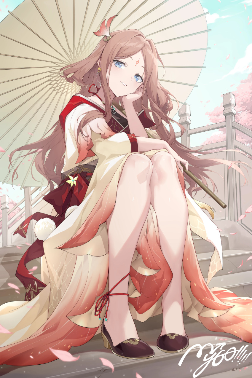 1girl absurdres alternate_costume bang_dream! bang_dream!_it&#039;s_mygo!!!!! blue_eyes brown_hair chinese_clothes commentary_request copyright_name day earrings facial_mark falling_petals forehead_mark grin high_heels highres jewelry knees_together_feet_apart long_hair looking_at_viewer nagasaki_soyo oil-paper_umbrella outdoors parted_lips petals pink_petals pumps shanyao_jiang_tororo sitting sitting_on_stairs smile solo stairs umbrella