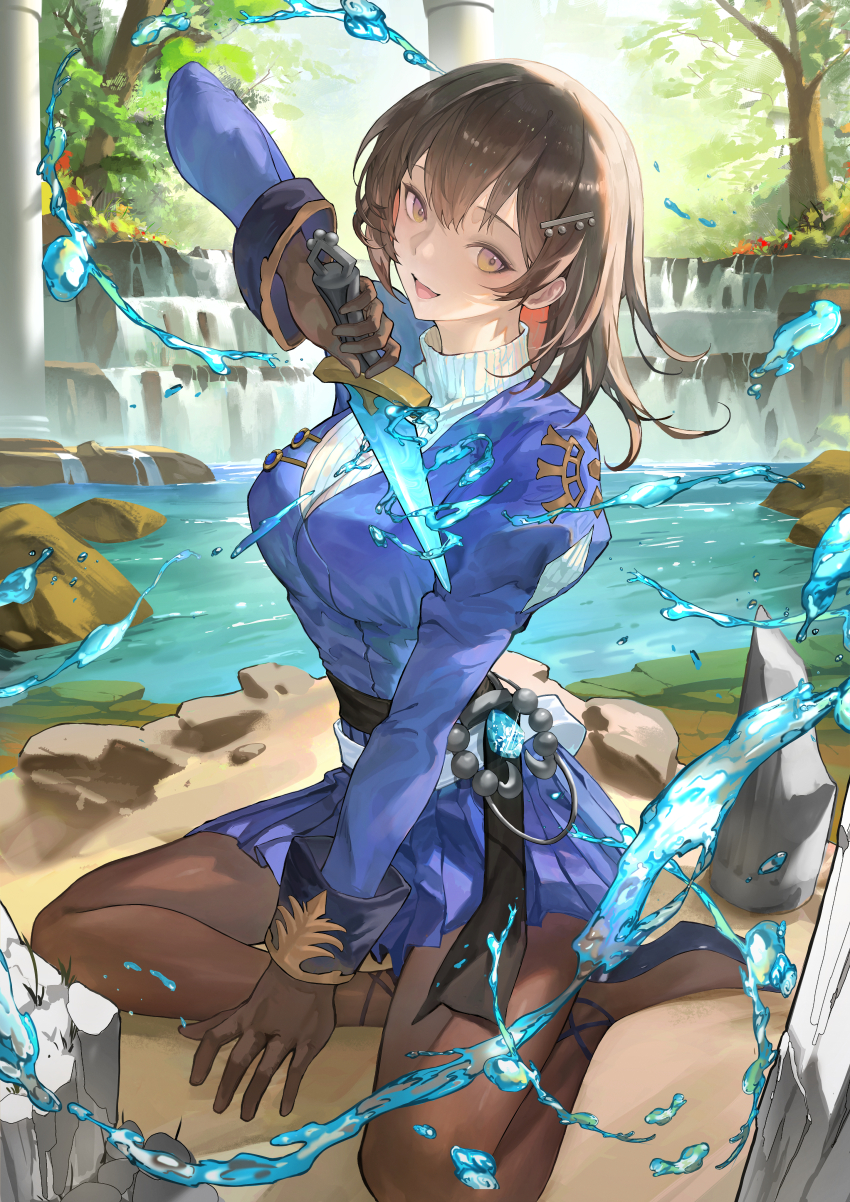 1girl absurdres breasts brown_dust_(series) brown_dust_2 brown_pantyhose dagger forest gloves hair_ornament high_heels highres holding holding_dagger holding_knife holding_weapon juliet_sleeves knife lake long_sleeves medium_breasts medium_hair nature open_mouth pantyhose pleated_skirt puffy_sleeves rock scheherazade_(brown_dust) scheherazade_(the_lapis_witch)_(brown_dust) seiza senjou216 sitting skirt splashing turtleneck water waterfall weapon