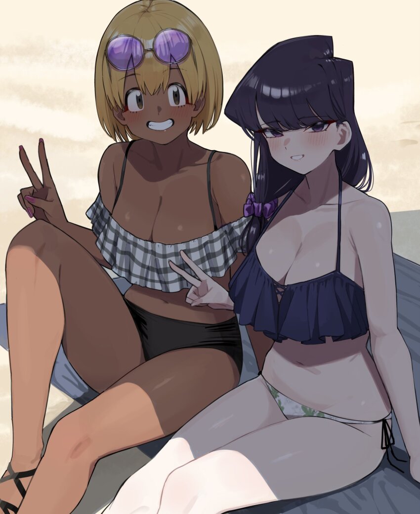 2girls ayatak0517 beach_towel bikini black_bikini black_hair blonde_hair blue_bikini breasts brown_eyes cleavage dark-skinned_female dark_skin day eyewear_on_head grin gyaru highres komi-san_wa_komyushou_desu komi_shouko large_breasts manbagi_rumiko mismatched_bikini multicolored_bikini multiple_girls navel off-shoulder_bikini off_shoulder outdoors plaid_bikini plaid_clothes purple-tinted_eyewear purple_eyes purple_scrunchie round_eyewear sand scrunchie side-tie_bikini_bottom smile sunglasses swimsuit tan teeth tinted_eyewear towel v white_bikini