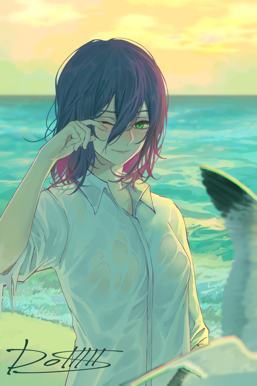 1girl absurdres artist_name beach bird blurry blurry_foreground chainsaw_man collared_shirt dollllls2 green_eyes hair_between_eyes highres looking_at_viewer medium_hair motion_blur one_eye_closed orange_sky outdoors pelican purple_hair reze_(chainsaw_man) rubbing_eyes shirt signature sky smile solo wet wet_clothes wet_shirt white_shirt