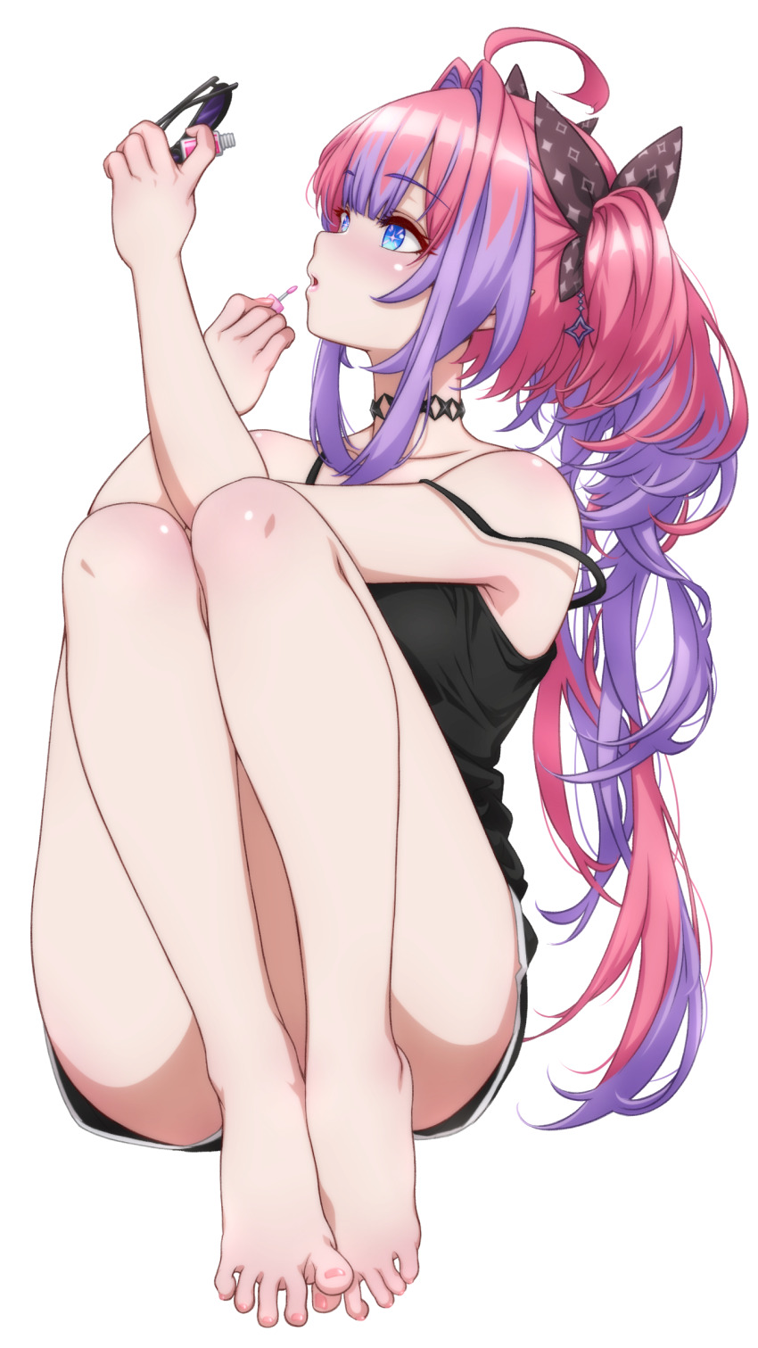 1girl absurdres ahoge applying_lipgloss barefoot black_bow black_camisole black_choker black_shorts blue_eyes bow camisole choker feet full_body hair_bow hair_intakes highres holding holding_removed_eyewear hololive hololive_dev_is kikirara_vivi knees_up lipgloss long_hair multicolored_hair open_mouth p-nekoe pink_hair purple_hair short_shorts shorts sidelocks simple_background sitting solo spread_toes strap_slip streaked_hair sunglasses toes twintails unworn_eyewear very_long_hair virtual_youtuber white_background